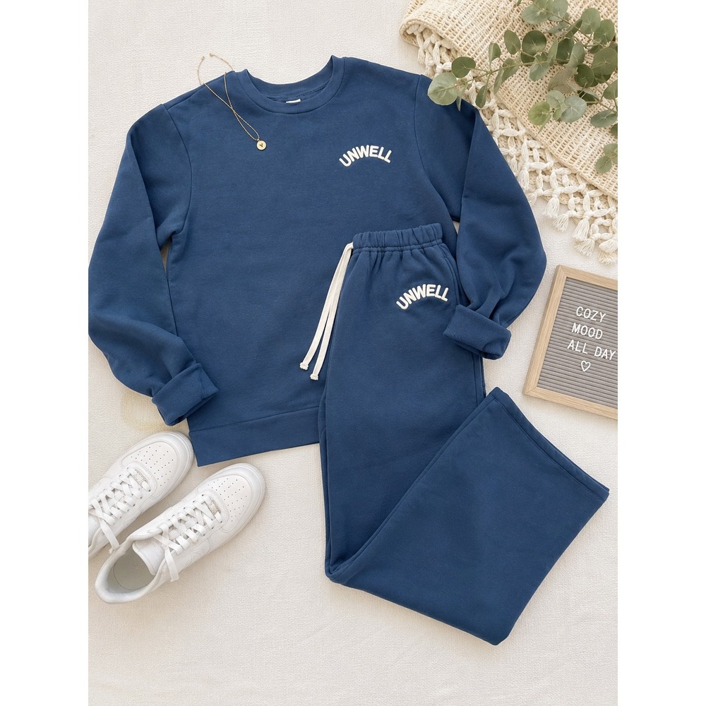 Unwell In Good Company Navy Blue Sweat Set Crewneck Sweatshirt & Wide Leg Pants